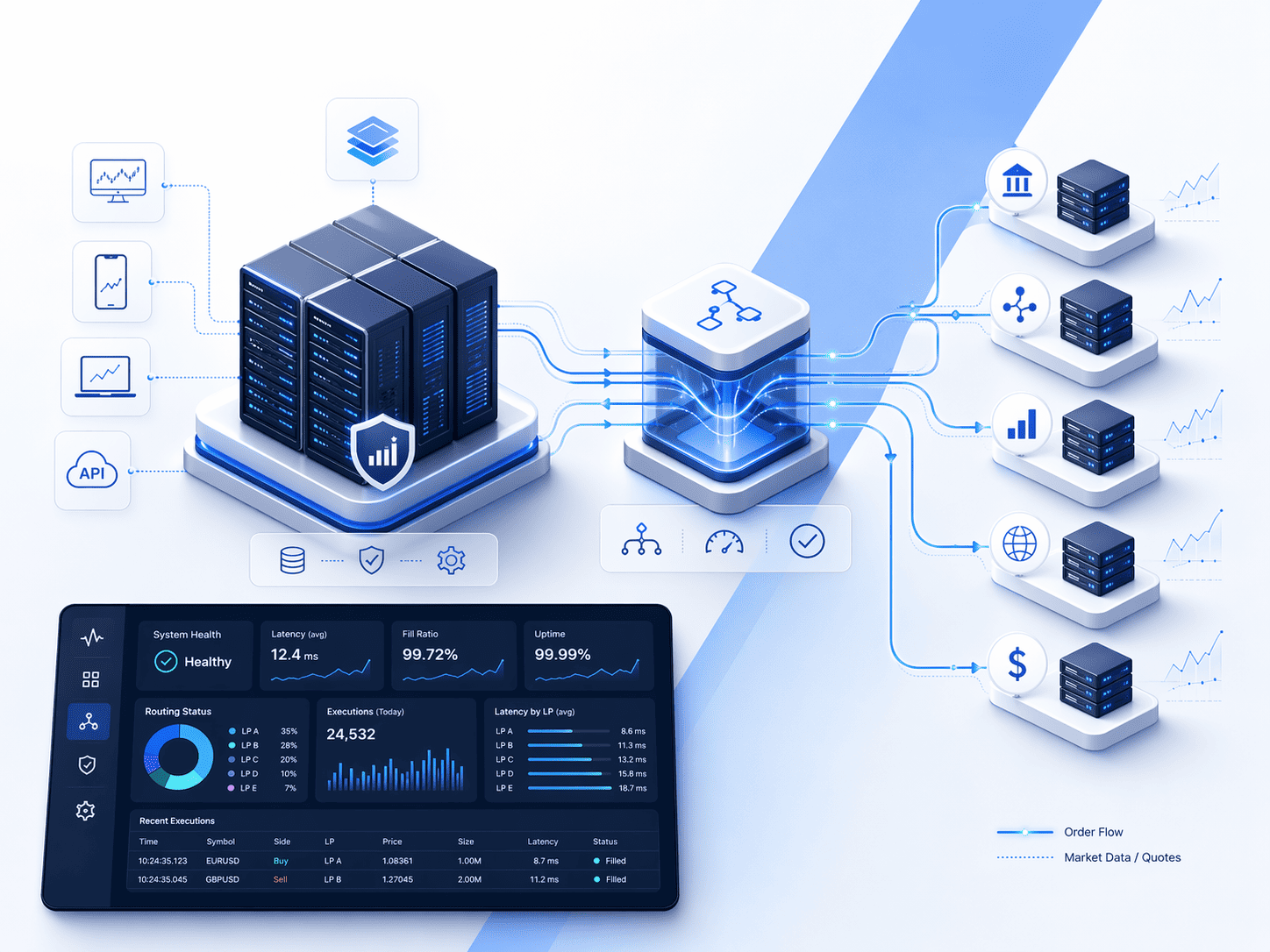 Bridge and connectivity illustration showing broker server, bridge layer, liquidity venues and execution monitoring
