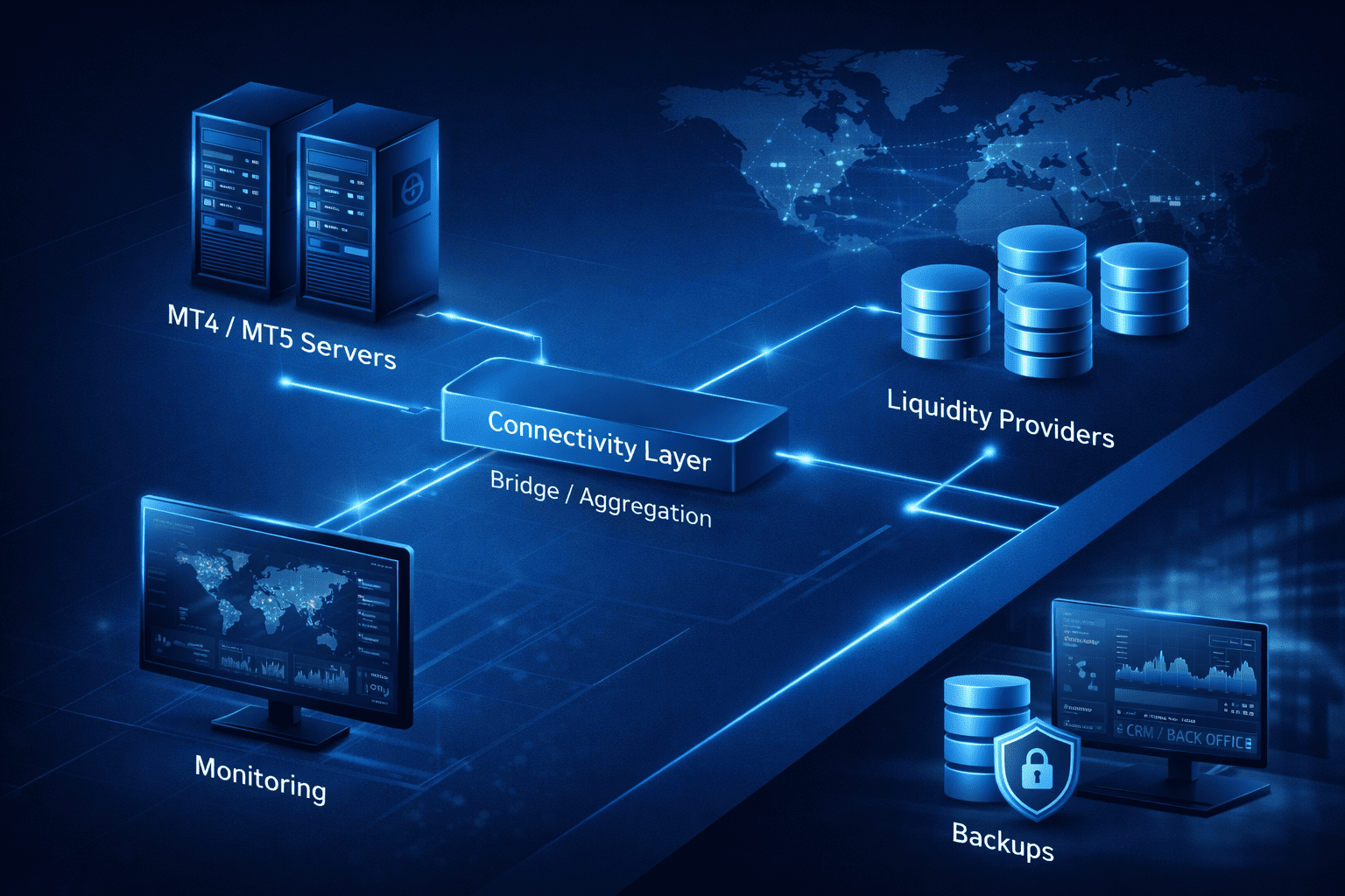 托管架构示意图：MT4/MT5 服务器、连接层、监控与备份