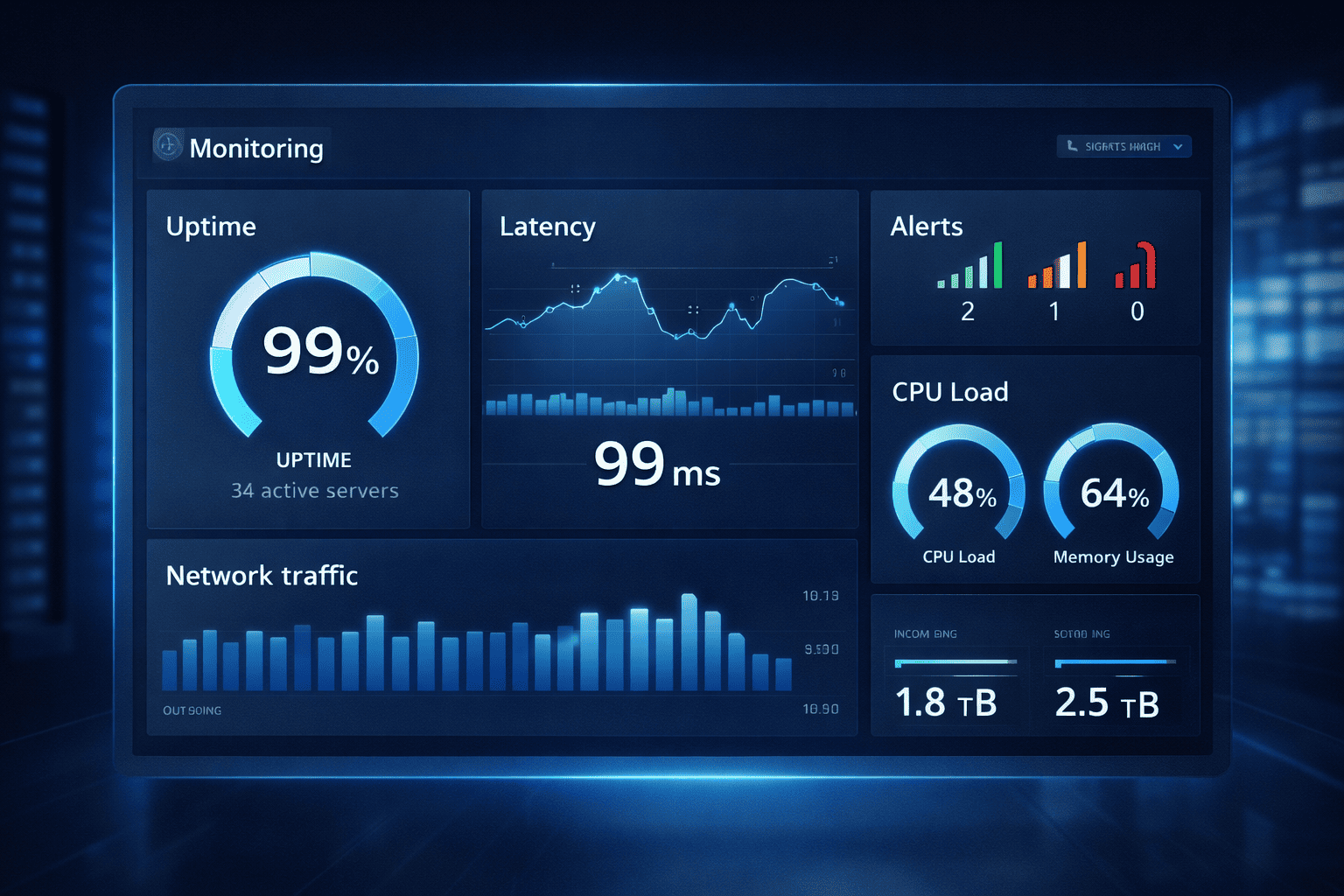 运维监控面板示意图：可用性、延迟与系统健康指标
