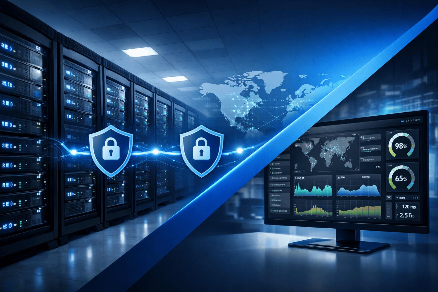 服务器托管与运维示意图：数据中心机柜、网络连接与运维监控面板