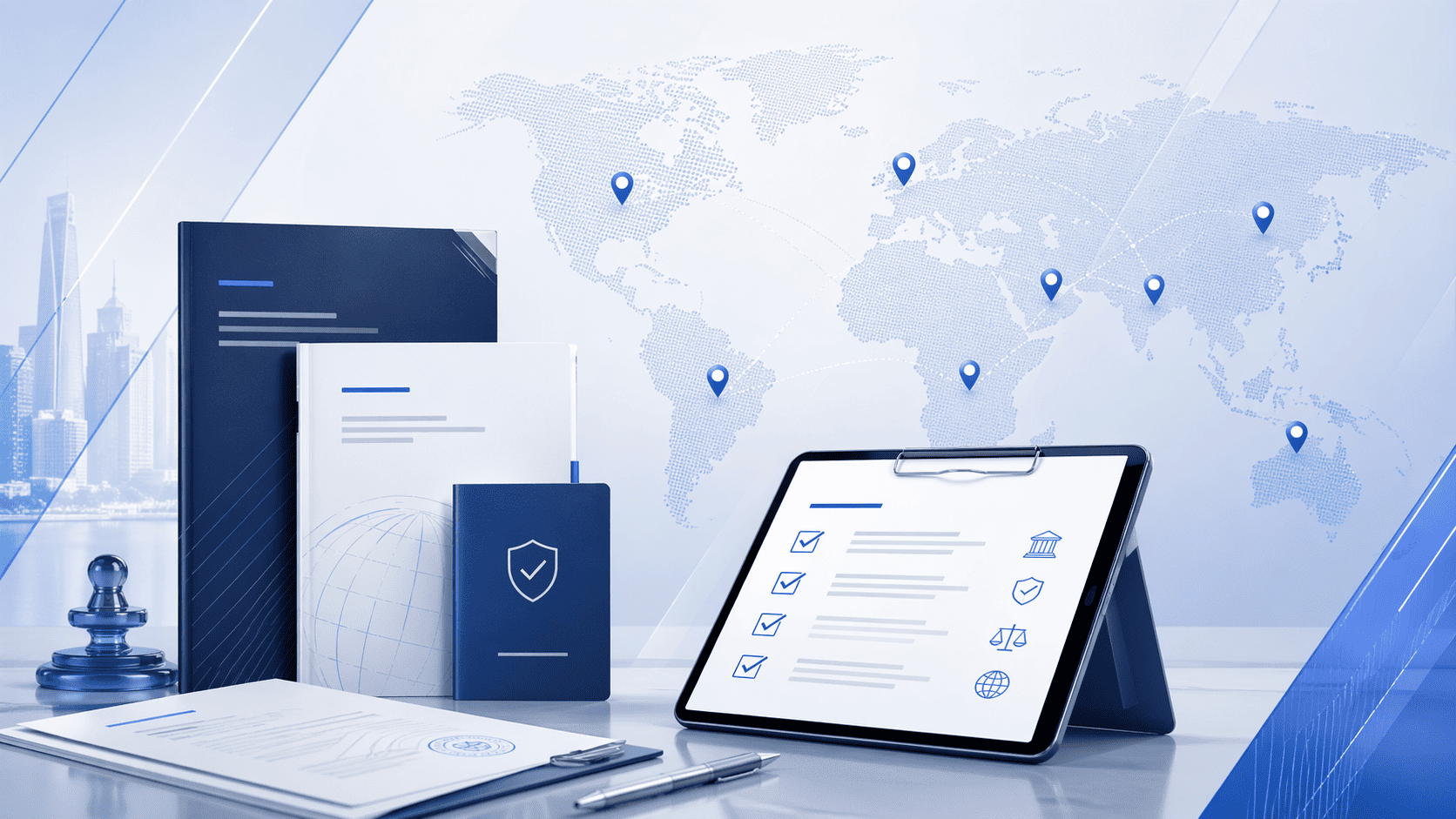 Regulation and licensing illustration showing compliance documents, jurisdiction mapping and brokerage launch planning